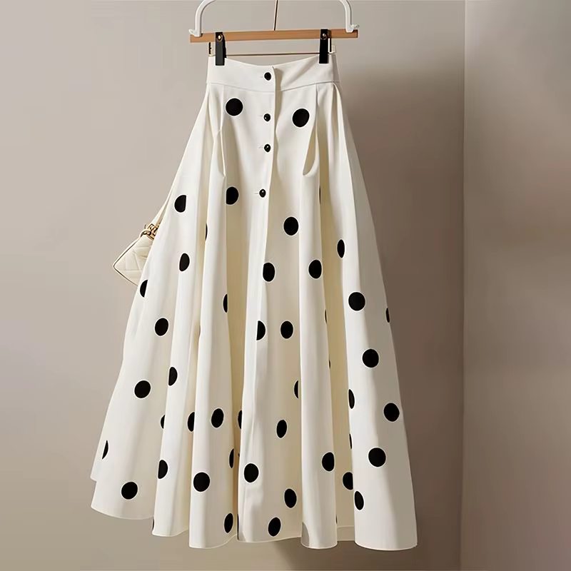 Jupe blanche à pois pour femmes 2025 Faldas Mujer De Moda taille haute a-ligne Jupe Vintage coréen S