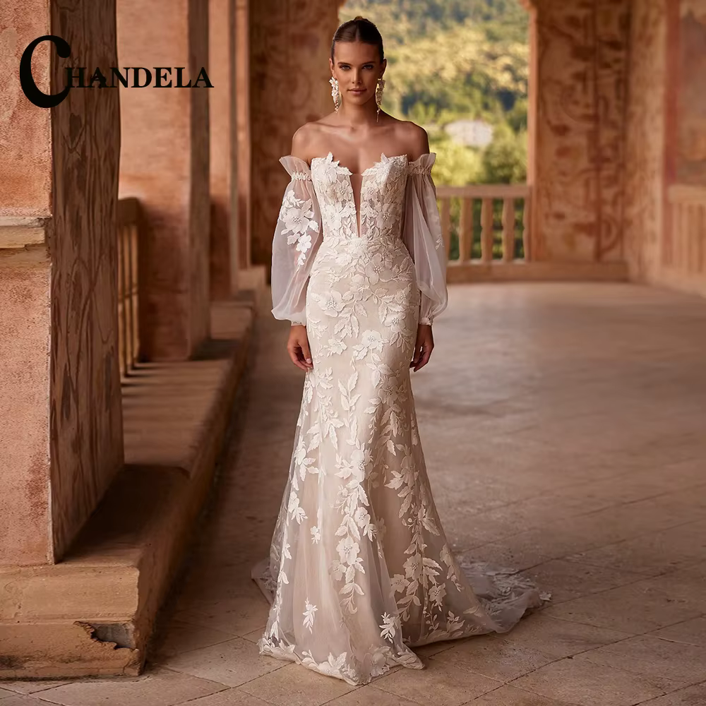 CHANDELA – Robe de mariée charmante, col en V, manches longues, fermeture éclair, tulle, appliques e