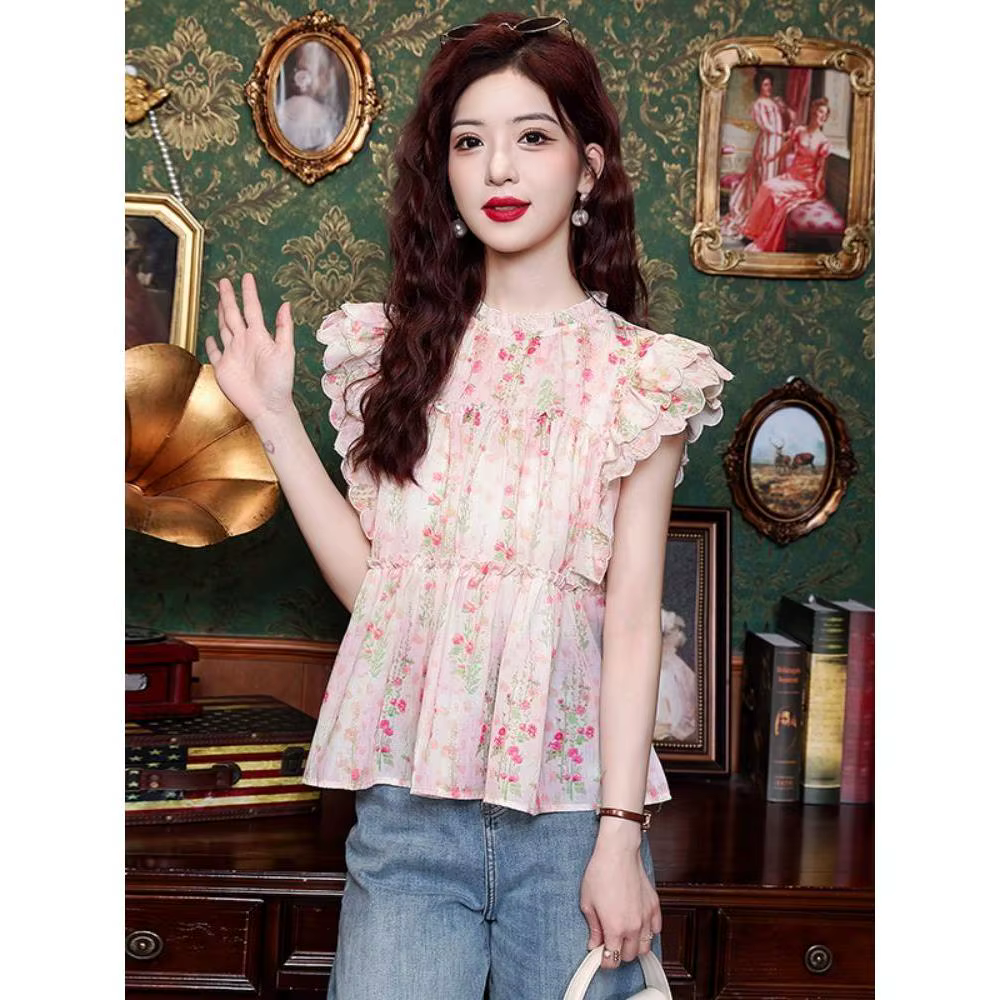 Chemise en mousseline de soie à manches volantes pour femmes, haut polyvalent élégant à la mode, été