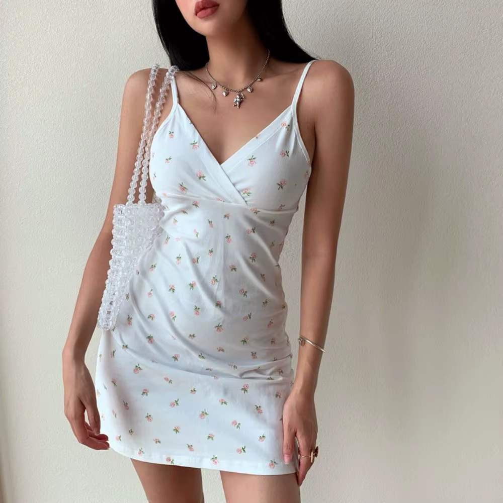 Jupe coréenne à col en V et bretelles, jupe évasée à taille haute, mini-jupe vintage à imprimé flora