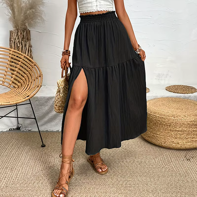 Nouvelles femmes jupe mode bohème jupe Midi taille haute solide une ligne jupe à volants décontracté
