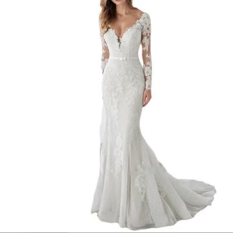 Robes De mariée à manches longues dentelle Appliques Robe De Mariée robes De mariée Court Train sirè