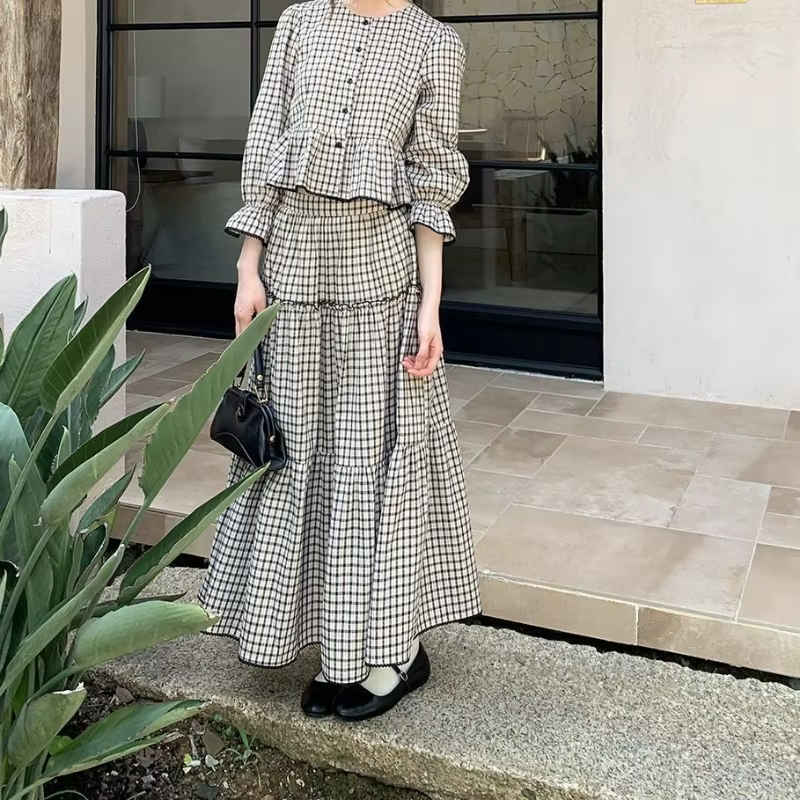 Épissé ​ ​ Jupe costume 2025 nouvel été élastique rétro taille haute Plaid minceur gâteau jupe deux 