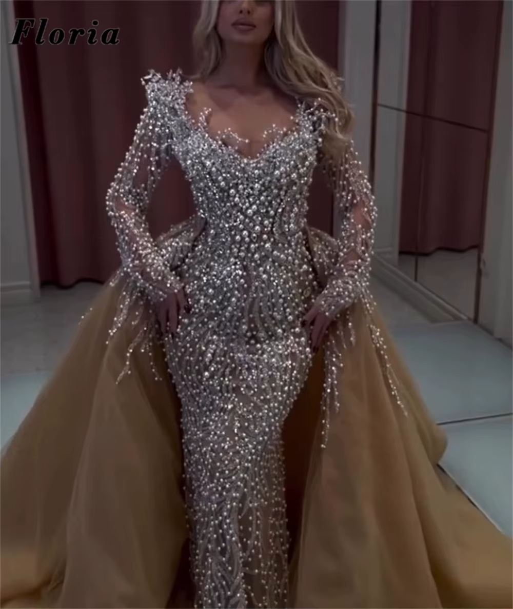 Robes de soirée luxueuses à manches longues en champagne, robes de bal avec perles et jupe détachabl