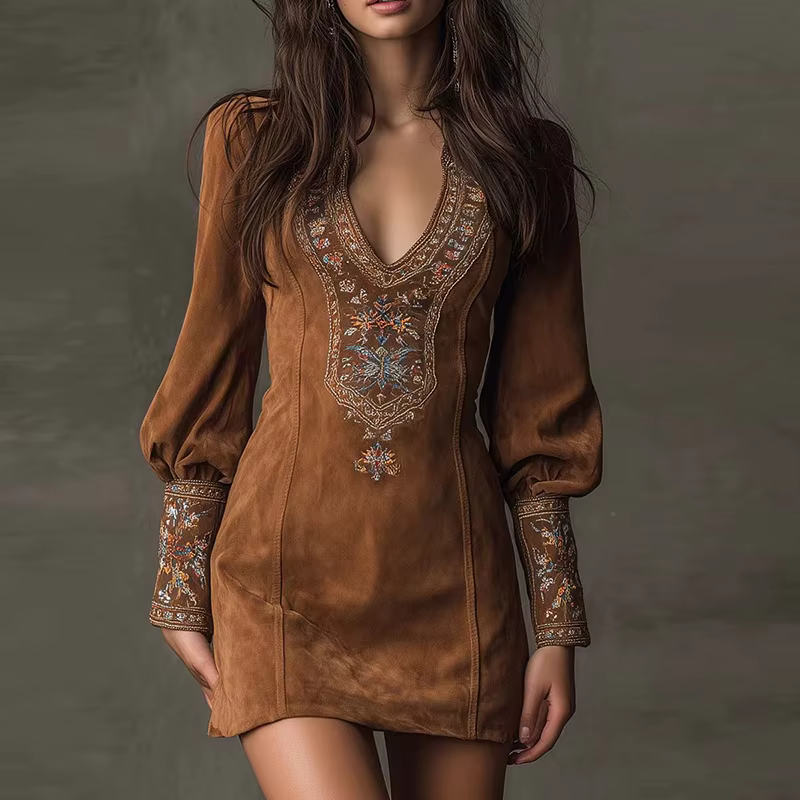 Robe élégante pour femmes, Design brodé, manches longues, col en V, Mini robes pour femmes, robe de 