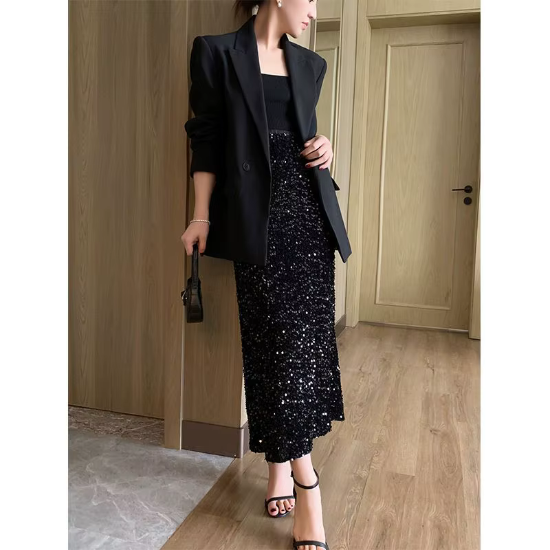 Jupe fendue à paillettes noires pour femmes, jupe moyenne et longue, taille haute, caractère A, nouv