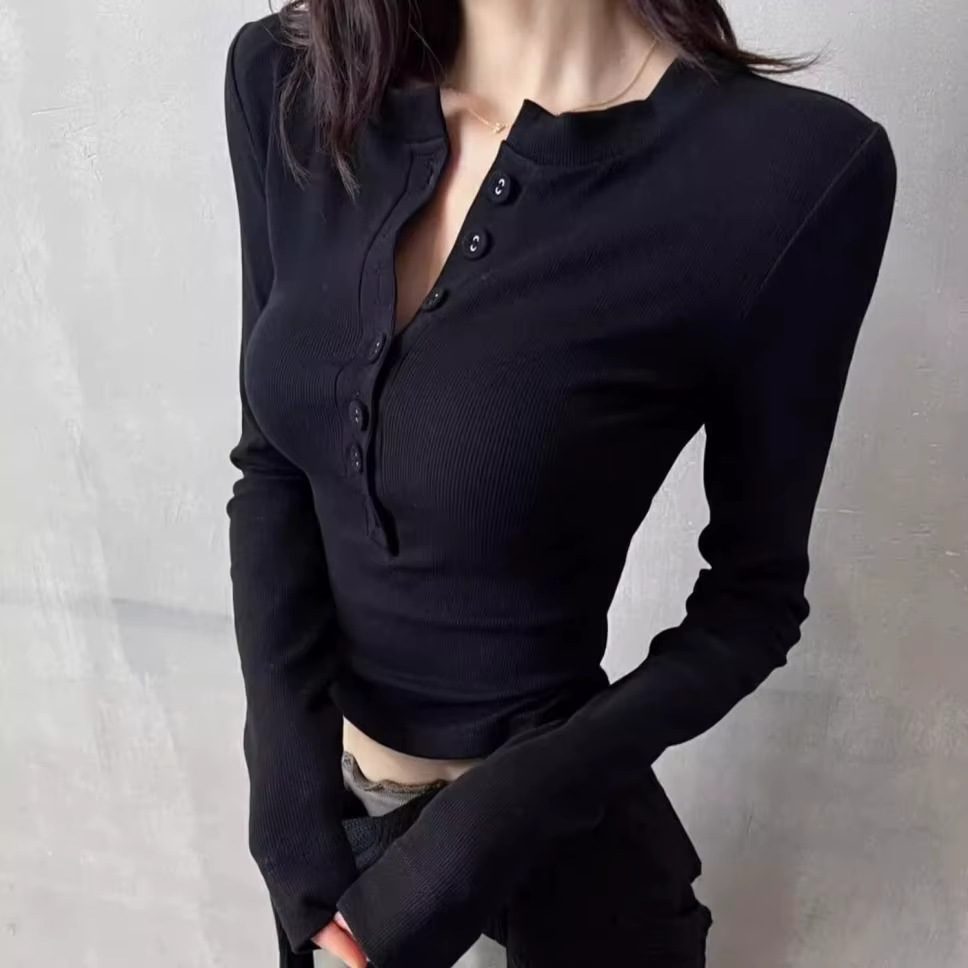 T-shirt à manches longues à col polo pour femme, haut court sexy, t-shirt boutonné noir mince, esthé