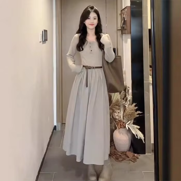 Robe longue maxi à manches longues en kaki clair pour femmes, col carré, décoration boutonnée, ceint