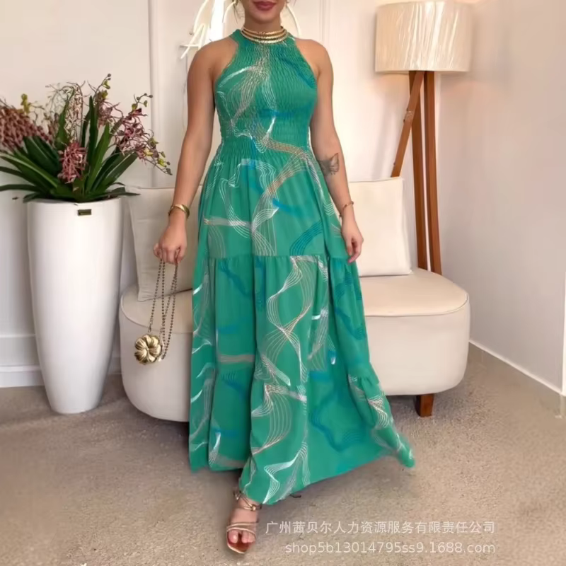 Robes femmes robe longue licou une ligne robes imprimer sans manches élégant épissure Y2k Streetwear