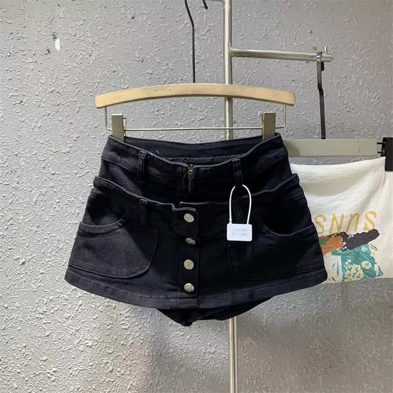 Jupe courte en jean effet deux pièces pour femme, style décontracté américain, délavée, rétro, coupe