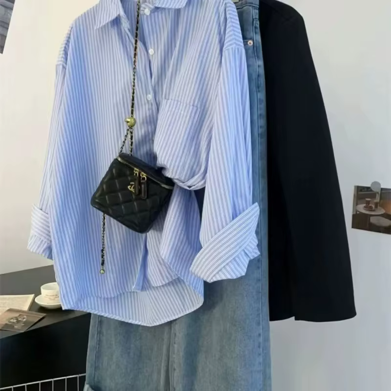 Chemise à manches longues pour femmes, rayé bleu, Design Sense, petit vêtement d'extérieur Ence, che