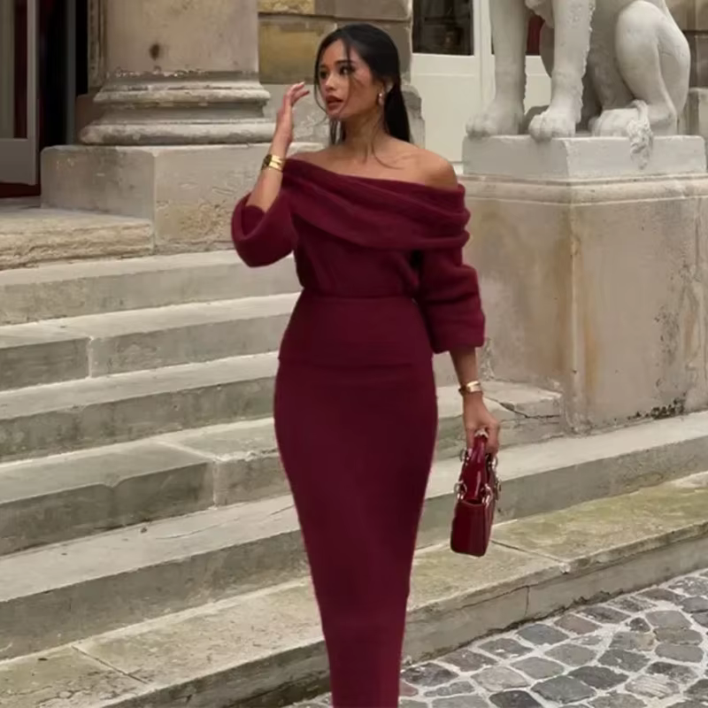 Ensemble jupe longue en tricot bordeaux pour femme, col slash, manches lanterne complètes, haut et j