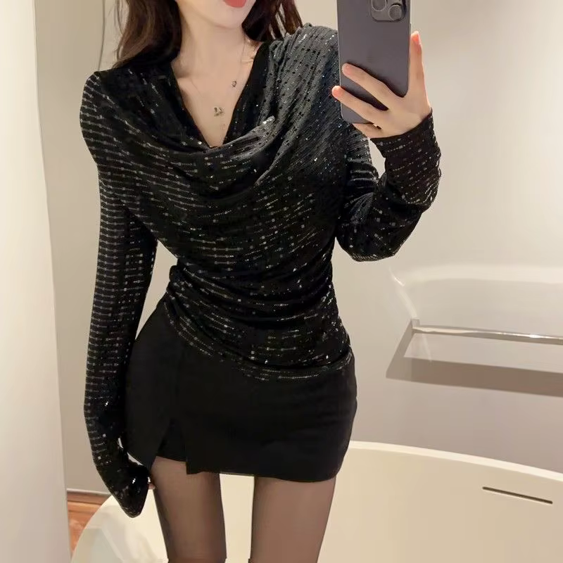 T-shirt à paillettes pour femmes, manches longues, col évasé, coupe cintrée, Style américain, automn