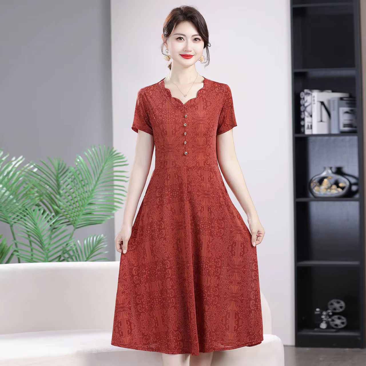 Robe d'été mi-longue à manches courtes pour femme, motif floral, col rond, coupe trapèze, effet amin