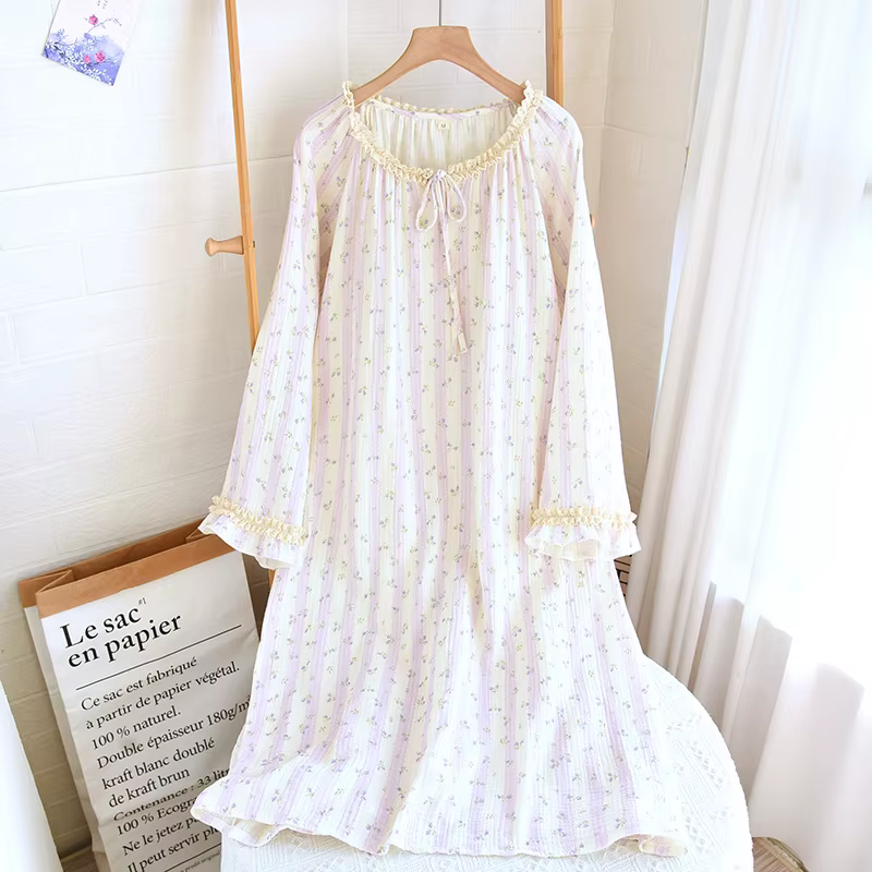 Robes à fleurs en gaze de coton 100% pour femmes, décontractées, couleur unie, manches longues, à la
