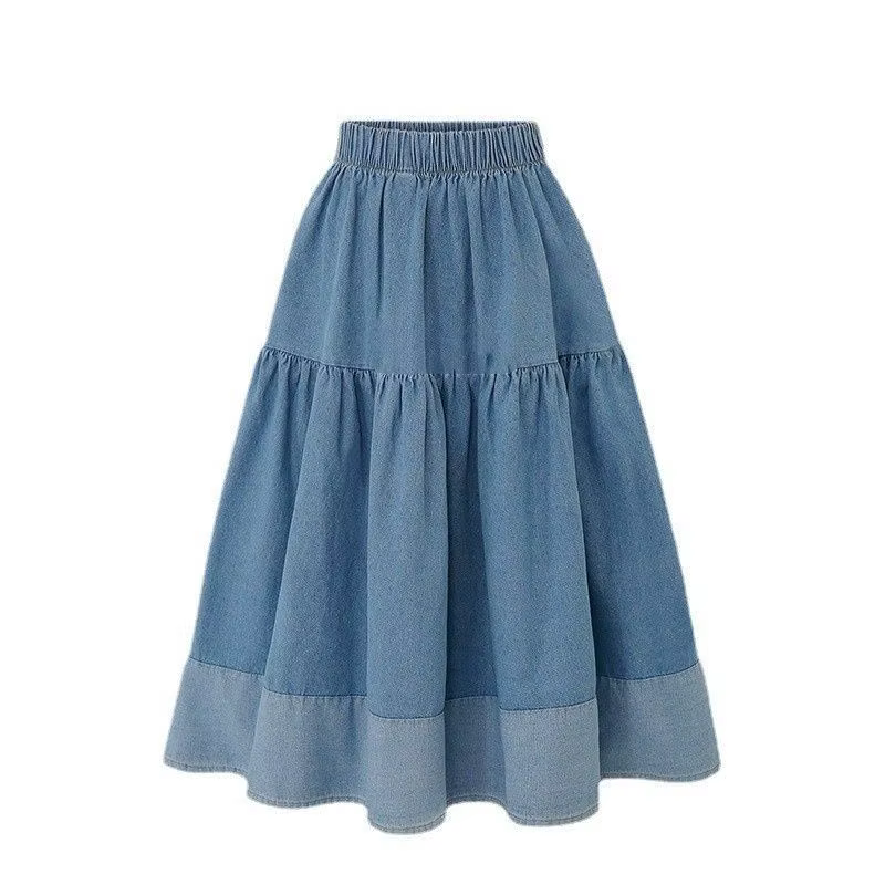 Jupe en jean bleu femmes taille haute jupes longues à plusieurs niveaux Denim élastique tenue décont