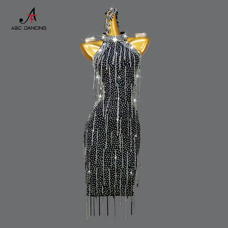 Robe de danse latine noire pour femmes, costume de ligne de fille, jupe de scène imbibée, vêtements 
