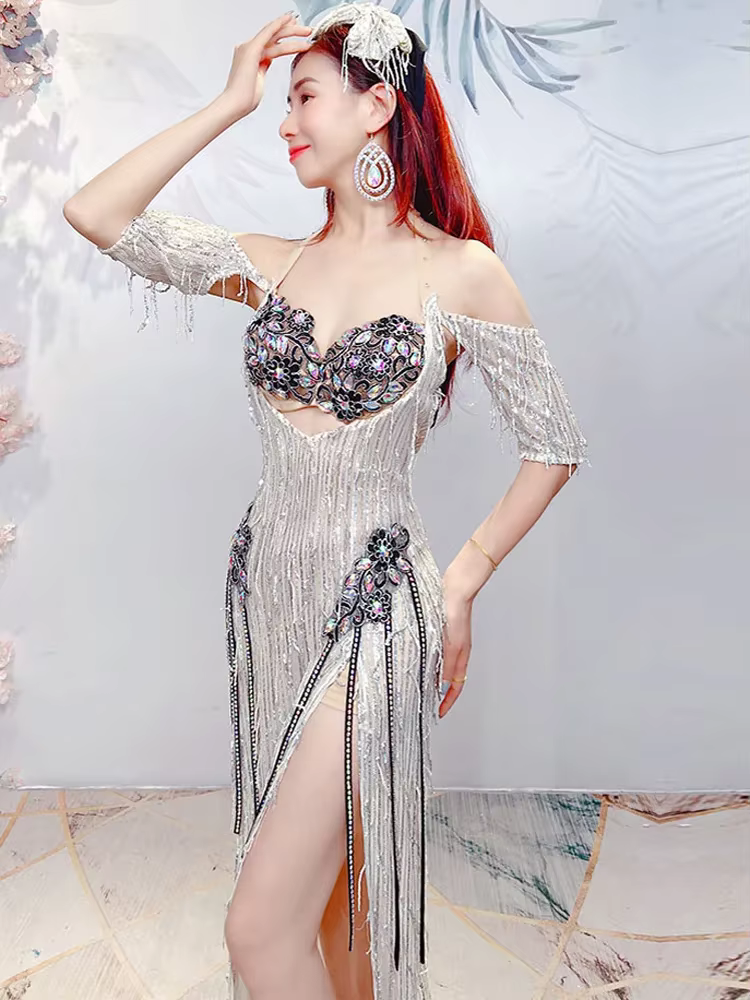 Vêtements de danse du ventre sirène, robe longue Sexy à paillettes pour femmes, Costumes de danse du