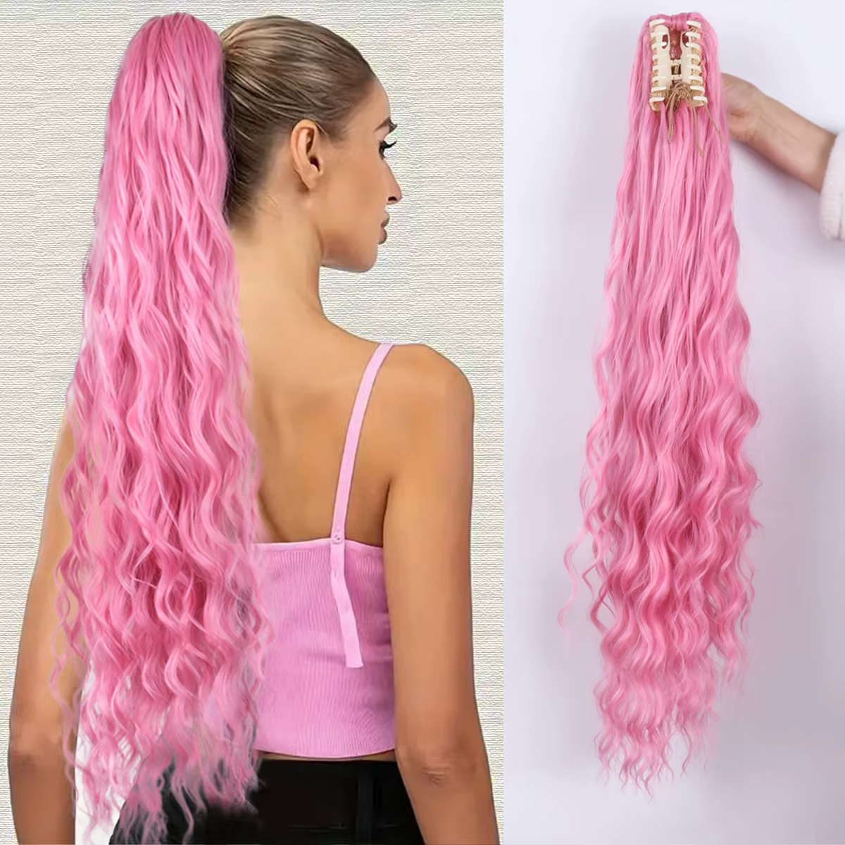 Queue de cheval rose cheveux longs pour femmes, pince à cheveux longue bouclée européenne et américa