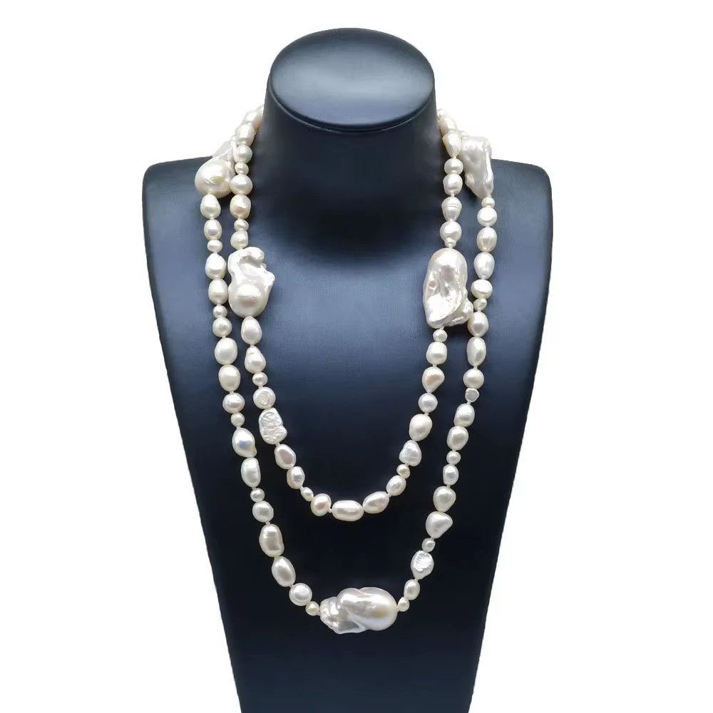 Collier long en perles baroques blanches naturelles pour femmes, double couche, pull de fiançailles,
