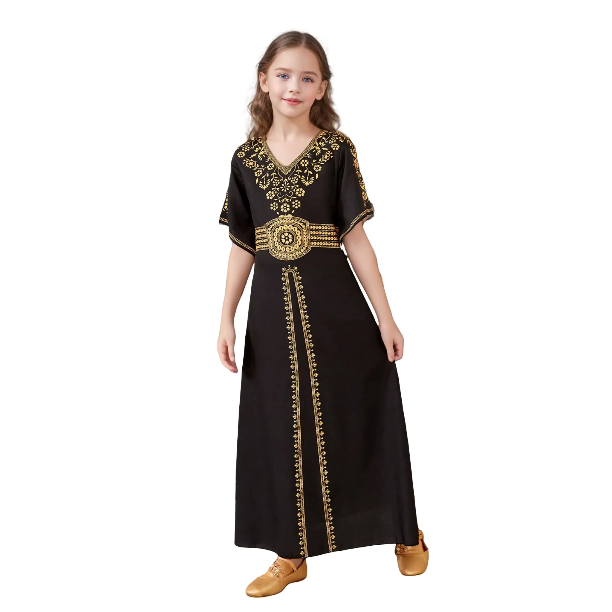 Jupe longue brodée traditionnelle noire pour fille : décoration à motif doré, design élégant à col e
