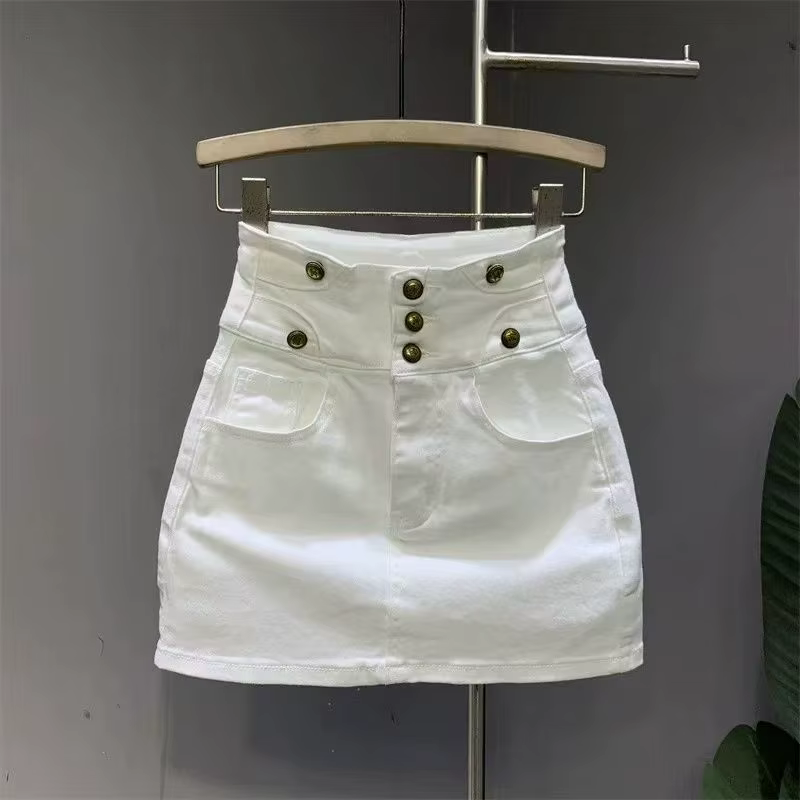 Nouvelle jupe en jean taille haute blanche bouton a-word jupes de hanche pour les femmes avec poche