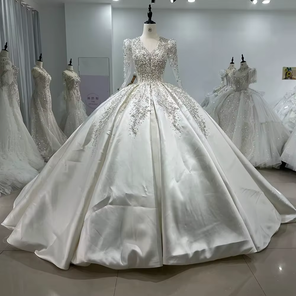 Personnaliser robe de mariée en Satin à manches longues col en v paillettes perles robe de mariée de