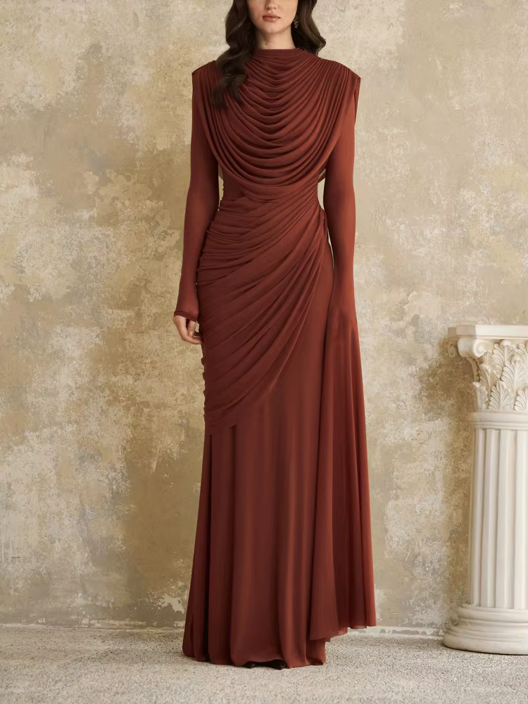 Robe longue drapée unie pour femme, élégante, à manches longues, taille cintrée, plissée, moulante,