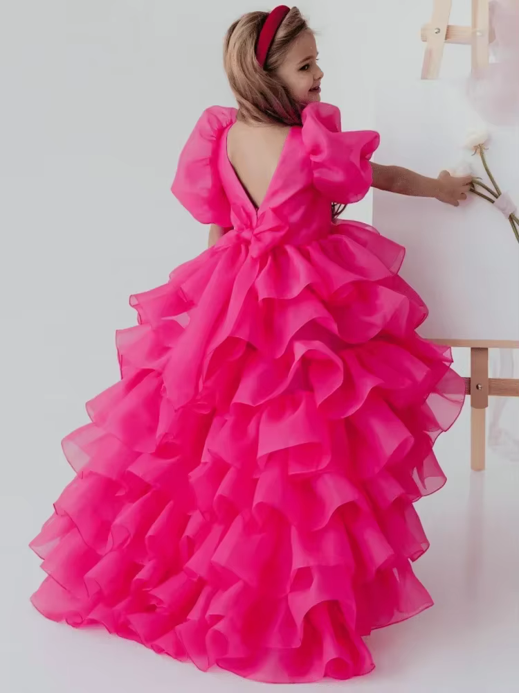 Robe longue à fleurs pour filles, à plusieurs niveaux avec queue d'arc, manches courtes, pour mariag