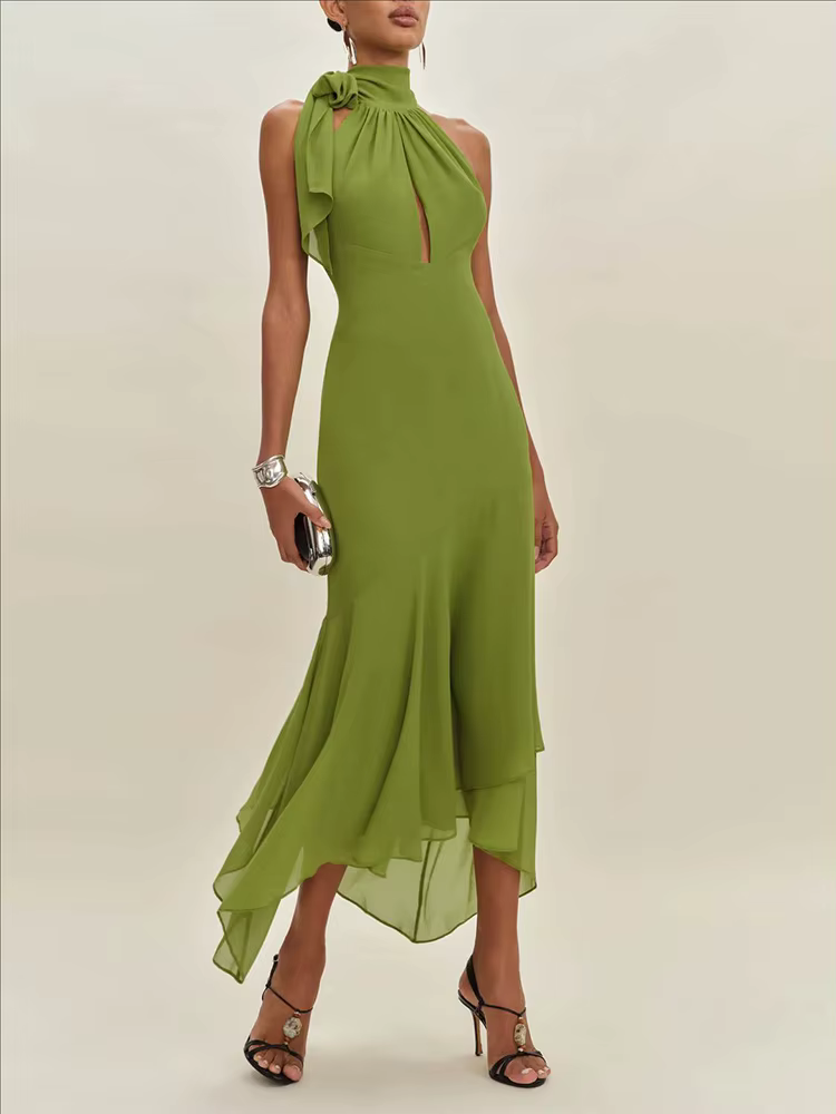 Robe longue vert halter sans manches dos nu à lacets et volants irréguliers pour femme – Collection 