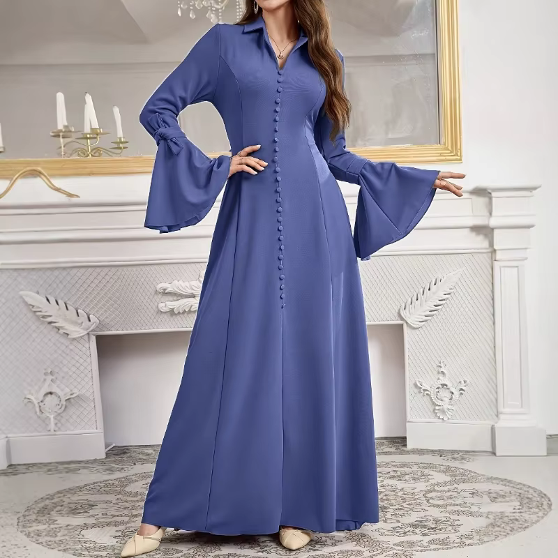 Robe longue boutonnée à manches longues avec manches évasées et col rabattu pour les occasions modes