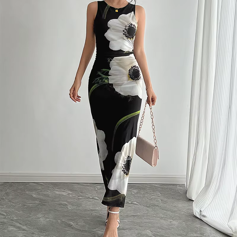Robe longue débardeur élégante pour femmes, imprimé Floral, nouvelle collection été 2021, maille noi