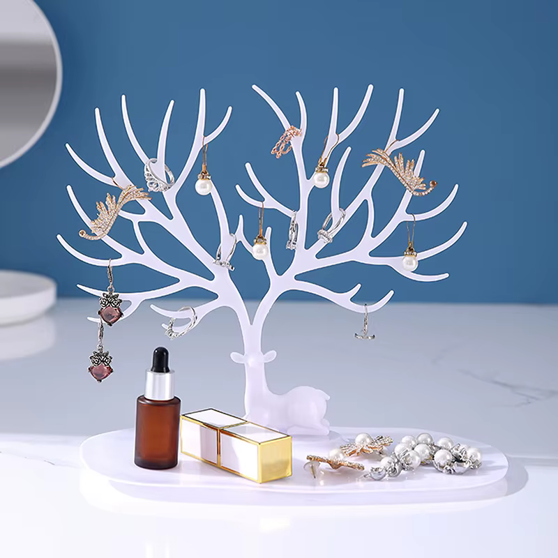 Organisateur de bijoux de bureau multifonctionnel en forme d'arbre avec plateau pour boucles d'oreil