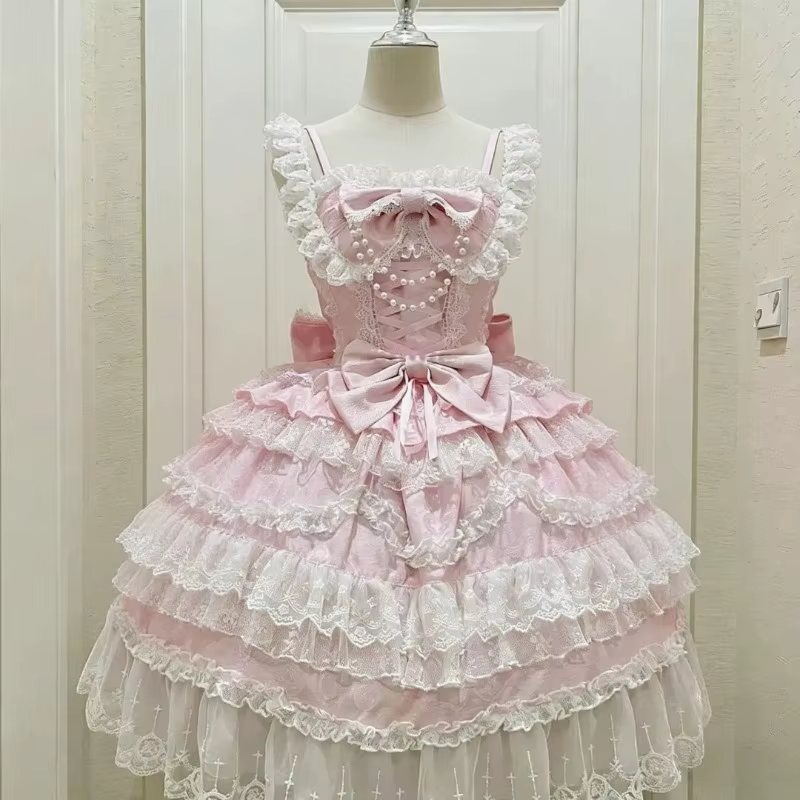Lolita Kawaill princesse Style robe mi-longue nœud dentelle Harajuku décontracté à manches longues m