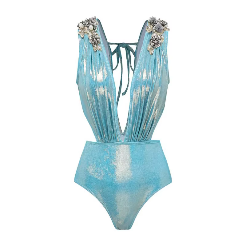 Maillot de bain une pièce bleu uni à décolleté plongeant et jupe, collection 2026, pour femme, tenue