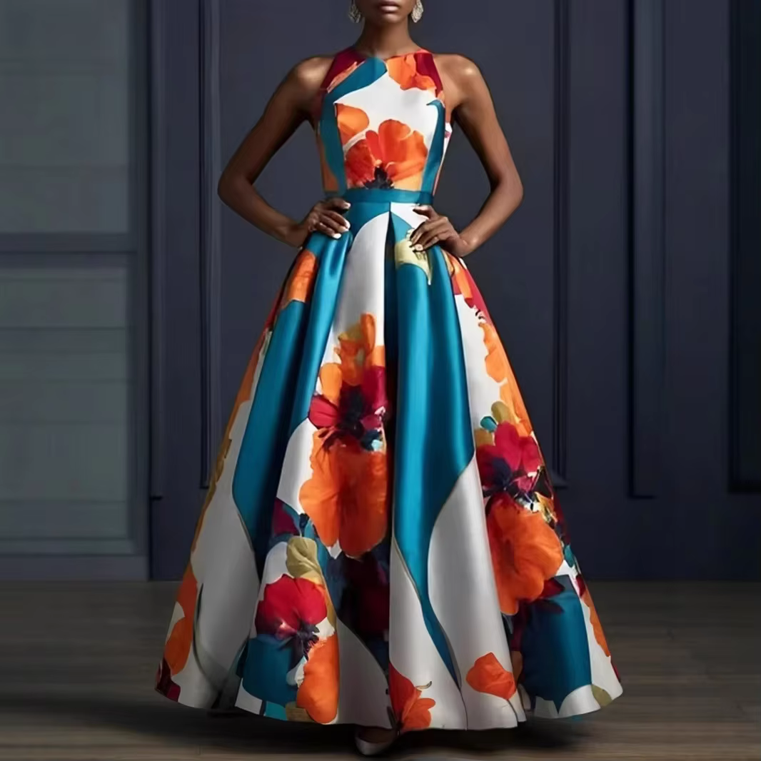 Robe débardeur imprimée florale pour femmes, col rond plissé, ligne a, taille haute, élégante, style