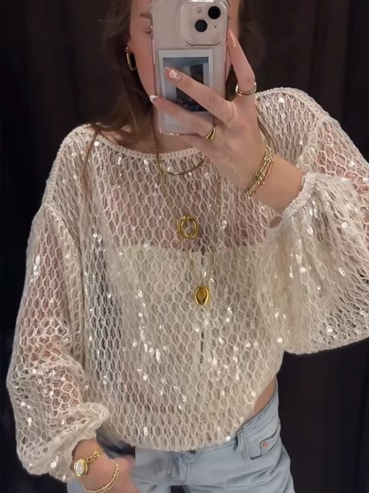 Haut à manches longues en crochet à paillettes pour femme – Blouse transparente à col rond et paille