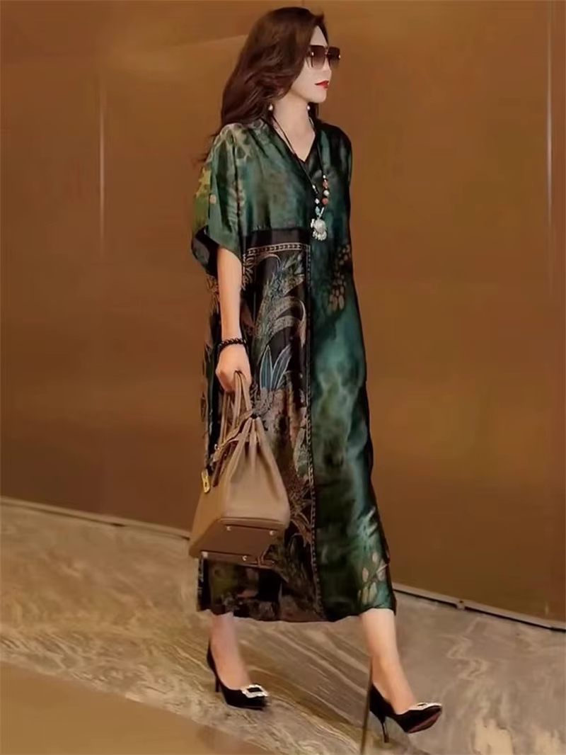 Robe longue amincissante d'été, nouveau style rétro à col en v, jupe longue couvrant le ventre ample