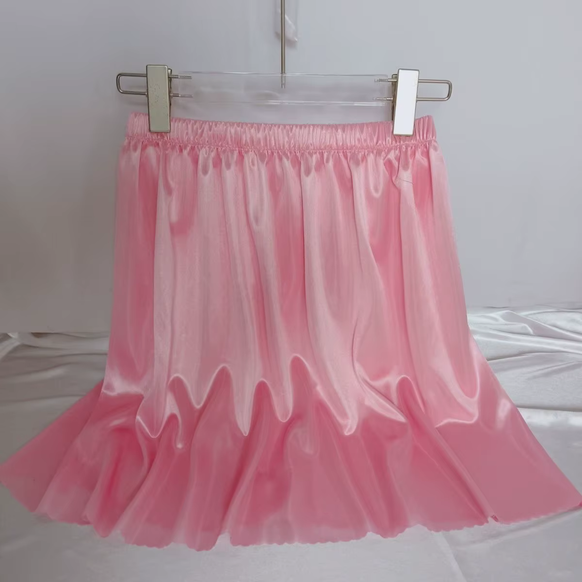 Jupe d'été en Satin de soie rose brillant pour femmes, longueur 45cm, élégante, taille haute, bas de