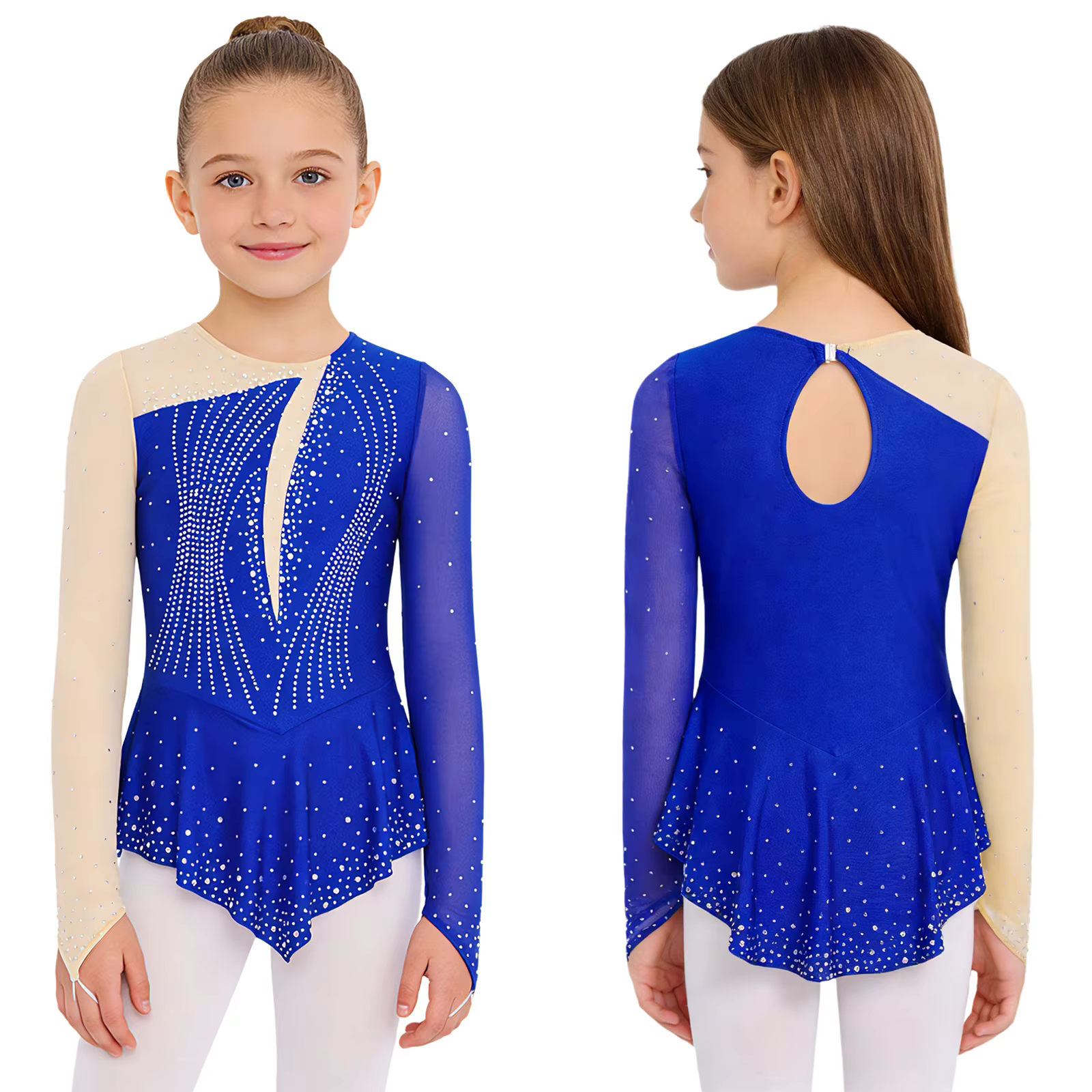 Robe de danse de patinage artistique pour filles, manches longues, trous pour les doigts, dos à déco