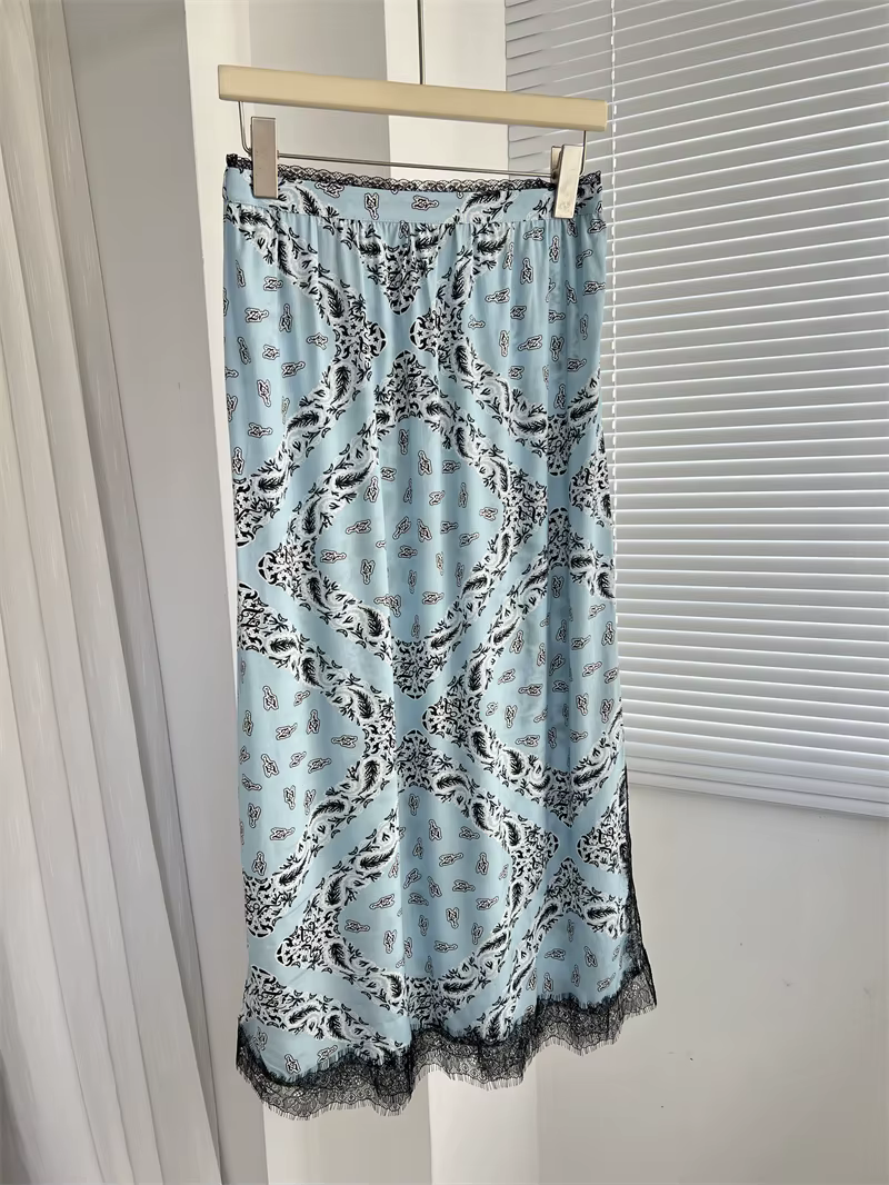 Jupe mi-longue pour femmes en viscose 100% avec empiècements en dentelle, taille haute élastique, im
