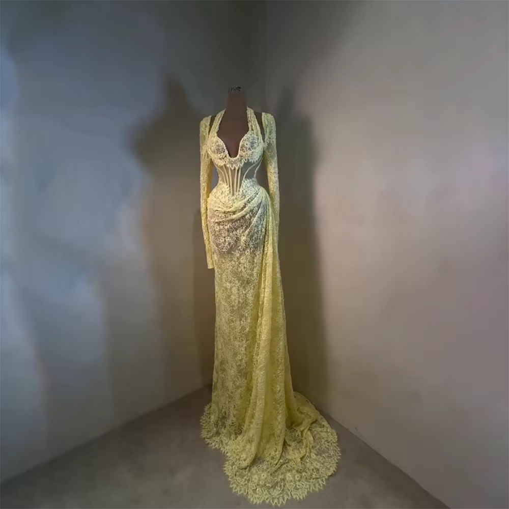 Robe de soirée en dentelle jaune, sexy, col halter, décolleté en cœur, manches longues, robe de soir