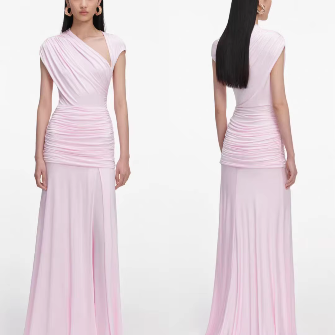 Robe longue rose asymétrique sans manches pour femme, taille haute, élégante et tendance