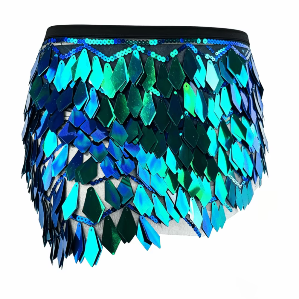 Mini-jupe à sequins holographiques, design à lacets, multicolore, style enveloppant, longueur mini, 