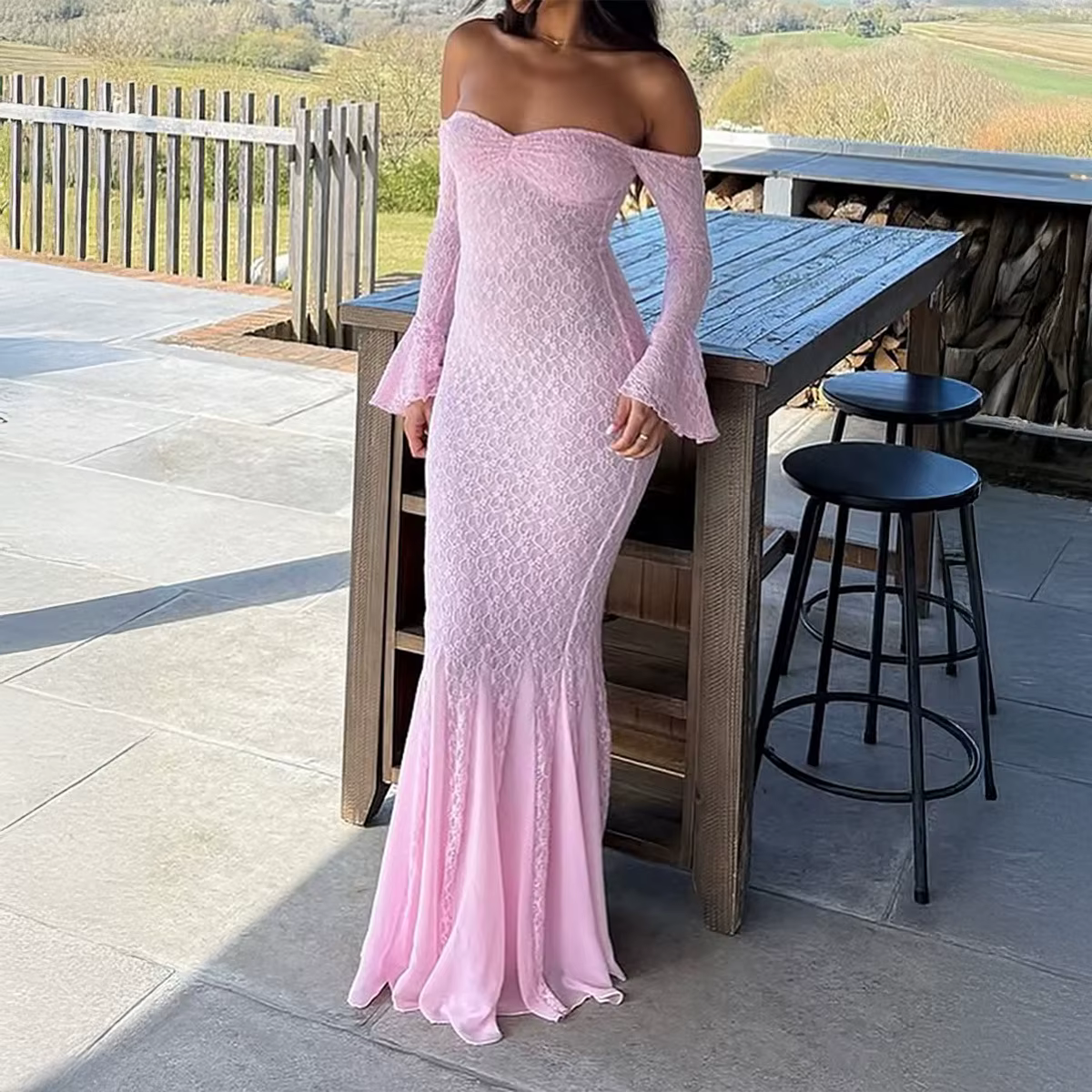 Robe longue élégante de style français rose pour femmes, robe à manches longues en dentelle, robe de