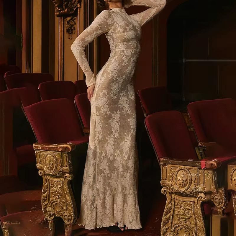 Robe en dentelle à manches longues et col rond pour fille, jupe Sexy française Slim, découpée, longu