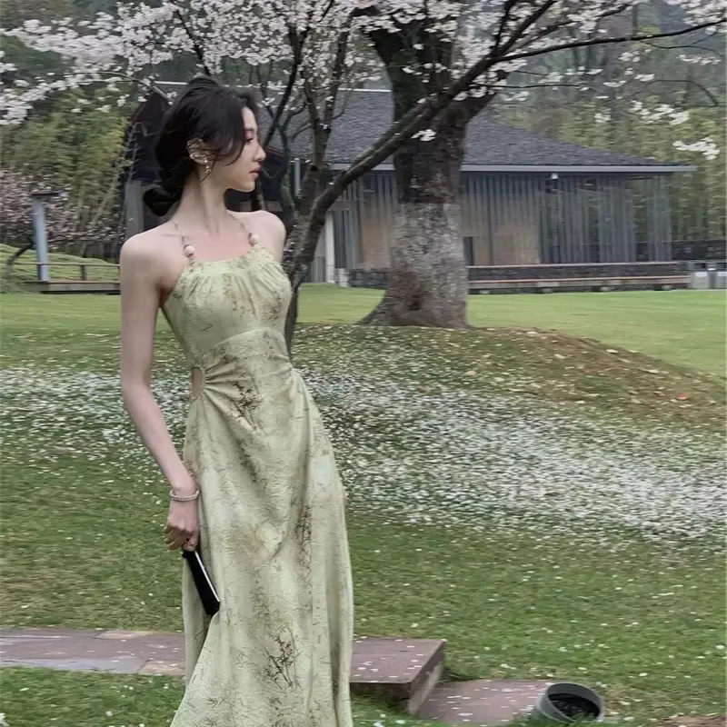 Robe longue élégante à taille souple, nouveau style été 2025, robe débardeur imprimée à col halter p