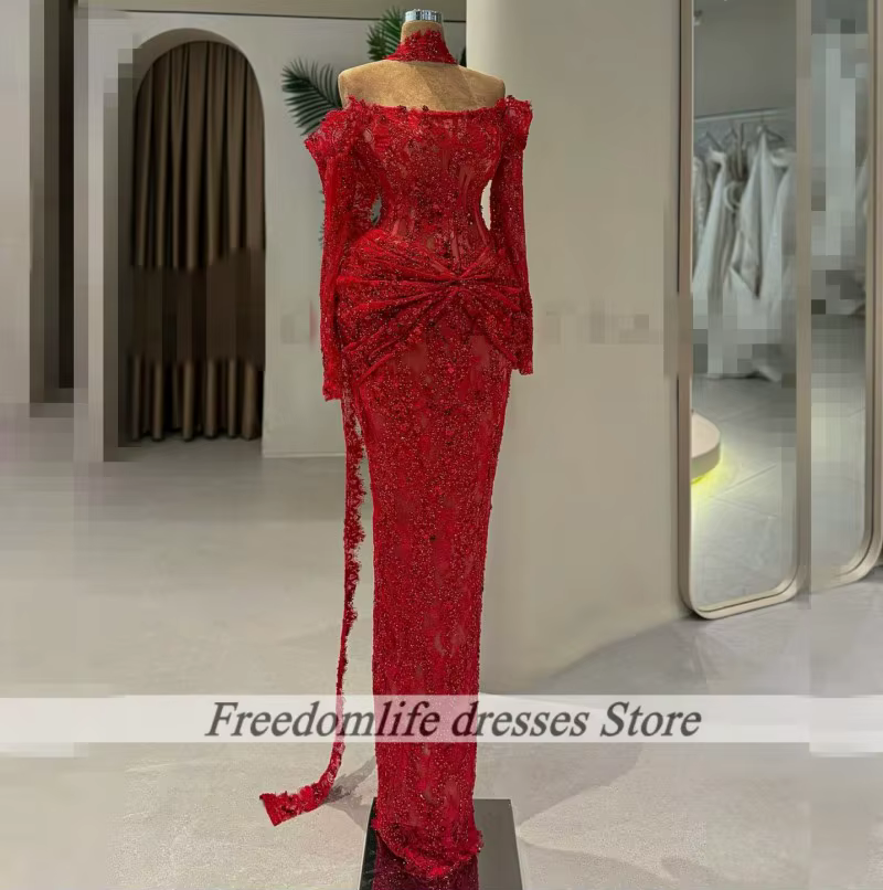 Robe De soirée rouge en dentelle, manches longues, avec des appliques, robe De soirée De mariage, st