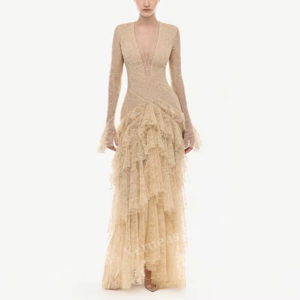Robes de soirée formelles en dentelle personnalisées, manches longues, col en V, plissées, longues, 