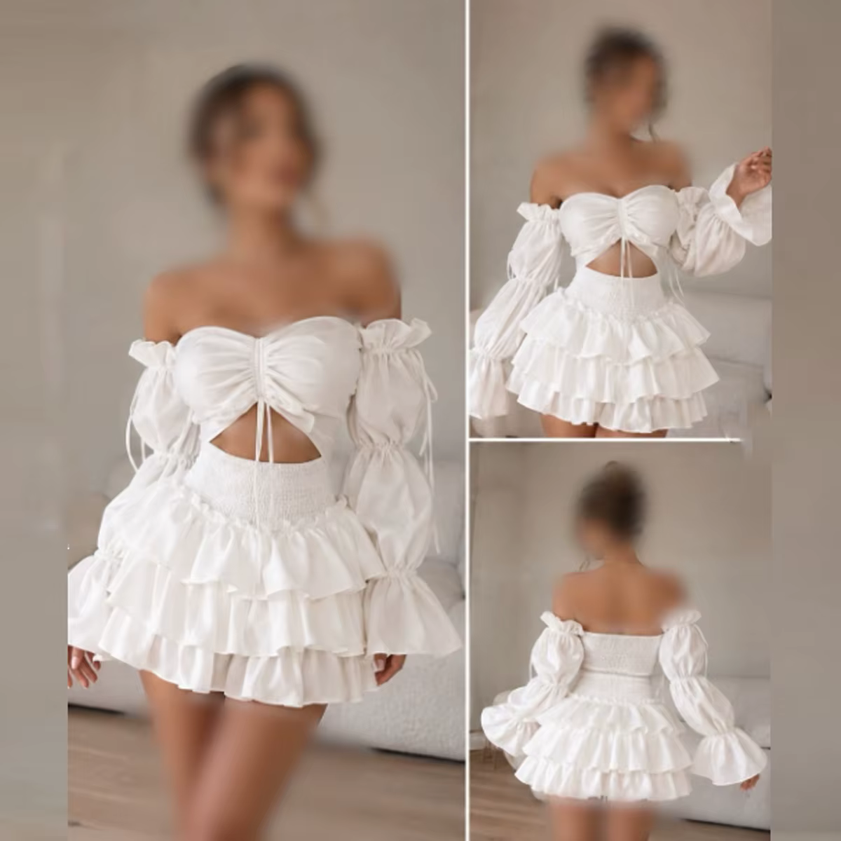 Ensemble deux pièces blanc pour femme, style épaules dénudées, avec mini-jupe à volants étagés et ha
